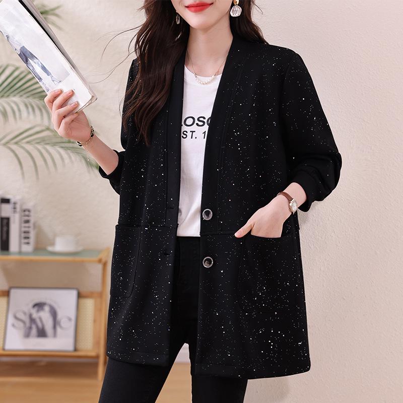 

Plus-Size Black Women s Sparkly Cardigan: New 2026 Spring, Mid-Length, Loose, Casual Versatile Jacket L