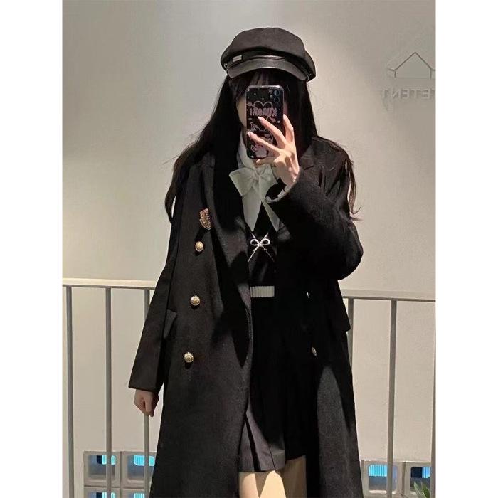 

Женское шерстяное пальто черного цвета в японском стиле, двубортное, средней длины, коллекция Осень/Зима 2025. XL