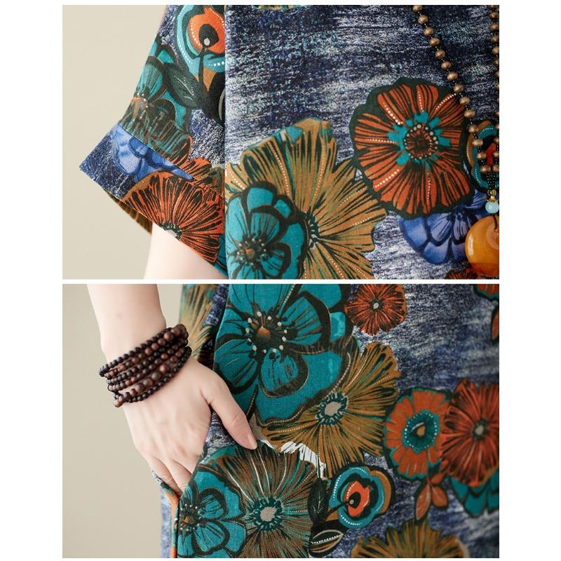 Letní květinový potisk Délka ke kolenům Bavlněné šaty Umění Retro Art Šaty s krátkým rukávem s krátkým rukávem