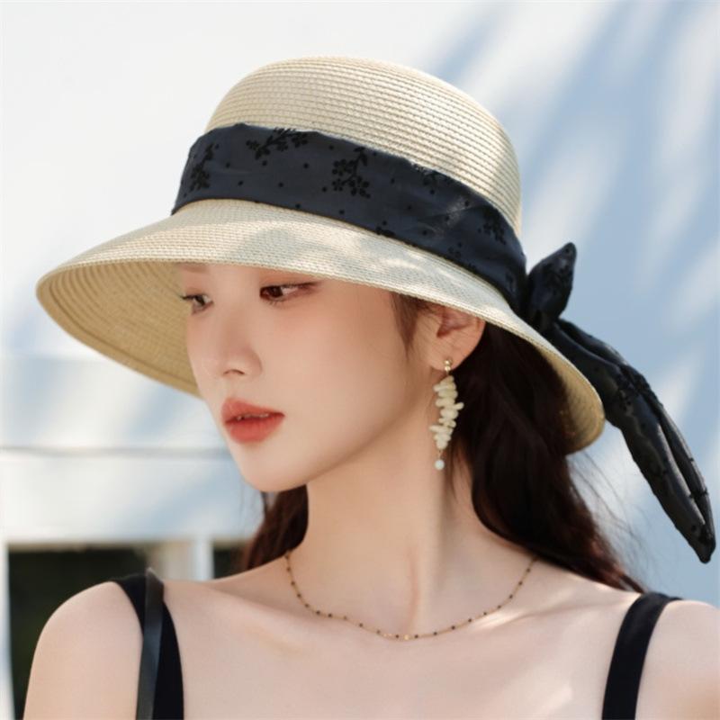 Fashion Lady Streamer Straw Hat Sun Protection Big Brim Hat Travel Lady Sun Hat Outdoor Vacation Beach Hat