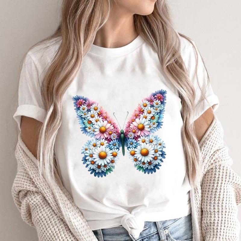 (Asian Size) Print Short Sleeve T-shirts butterfly style Fashion Female Casual Women's Top T Clothing O-neck Graphic Tee