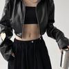 American Retro Long-sleeved Lapel Leather Jacket Women's Spring and Autumn Sweet Cool Girl Motorcycle Jacket Short Top
