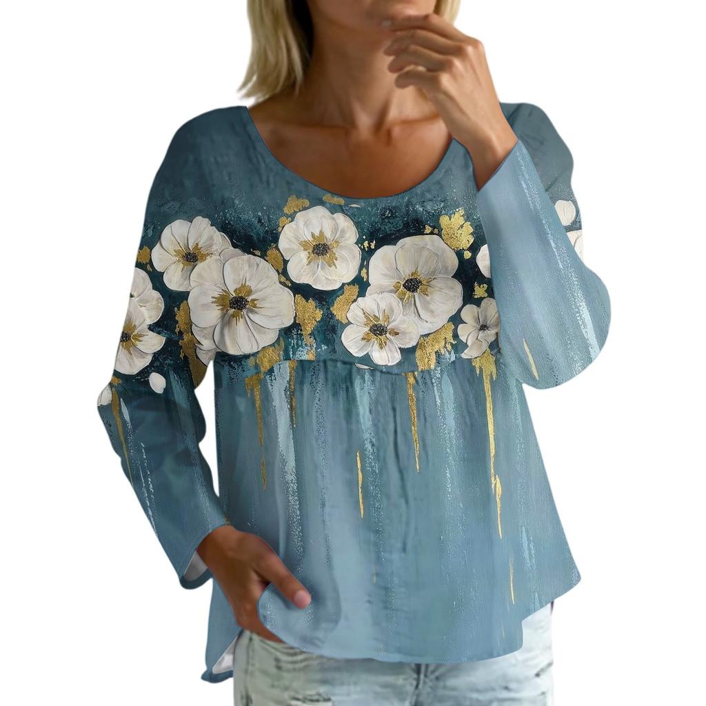 Damen Casual Mode Locker Rundhals Blumenmuster Langarm Oberteil