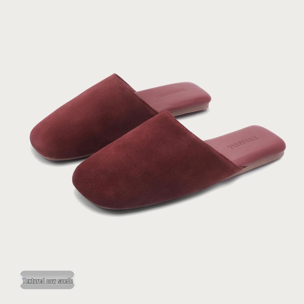 High-End Minimalist Genuine Leather & Suede Slippers - Non-Slip Sole, Unisex, All-Season Indoor Footwear