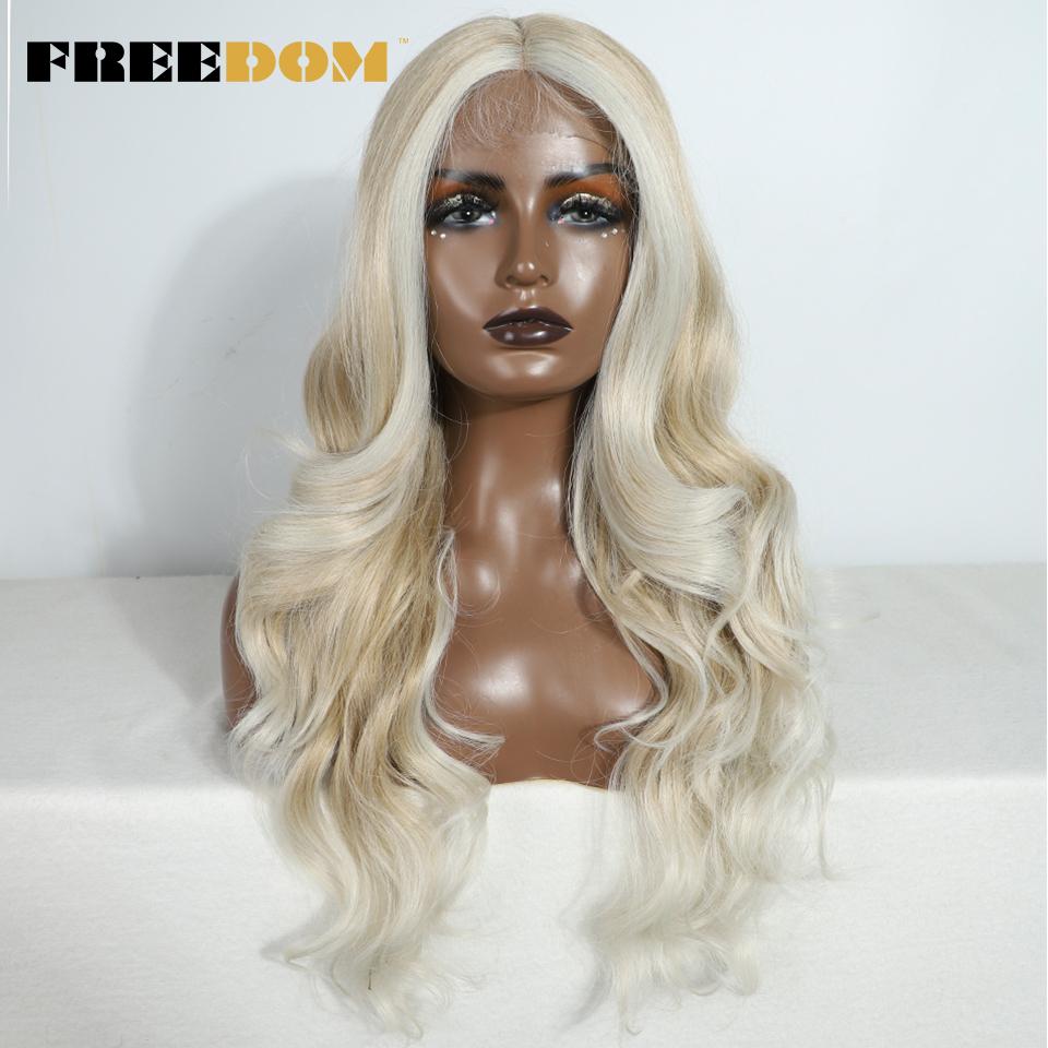 FREEDOM Synthetic Lace Front Wigs For Women 26 Inches Body Wave Wig Ombre Brown Blonde Lace Wig Synthetic Highlight Cosplay Wig