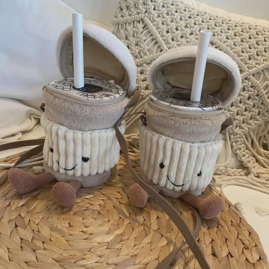 British Cartoon Coffee and Messenger Bag Set: Women's Plush Toy & Milk Tea Cup Bag Gift