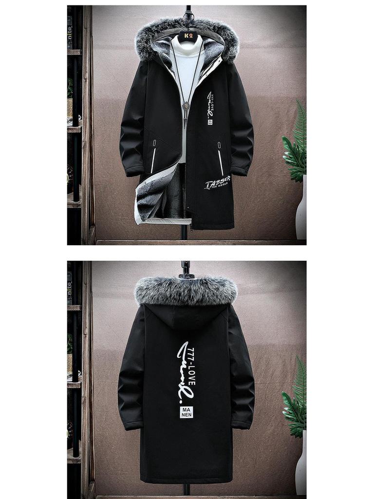 Men's Winter Fleece-Lined Hooded Mid-Length Printed Cotton Coat - Trendy & Warm Casual Jacket