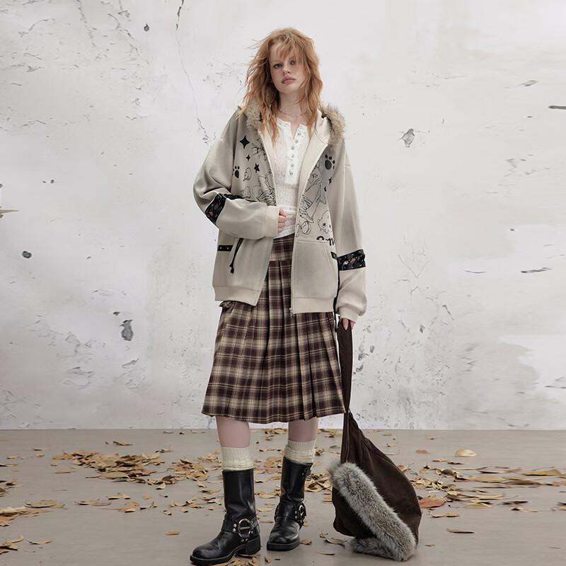 UNIFREE Distressed Faux Fur Collar Hooded Sweatshirt