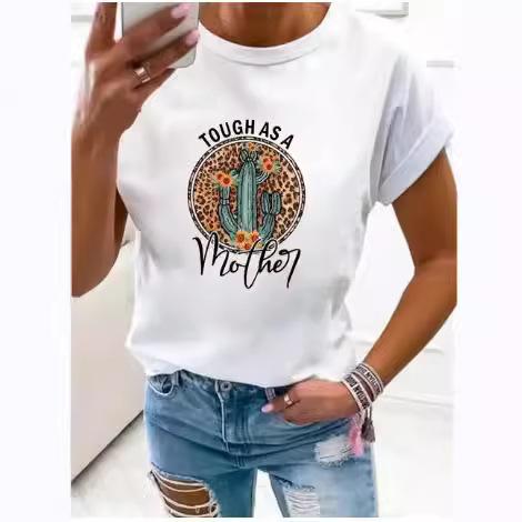 Large Size Women's Flower Mom Vintage Trend Clothing Printed T-Shirt Clothing Summer Basic Top Short Sleeves
