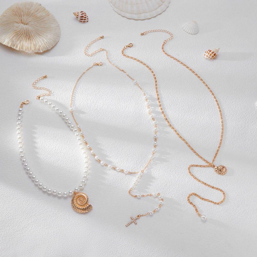 Imitation Pearl Starfish Pendant Necklace Boho Style Conch Pendant Necklace  Stackable Chain