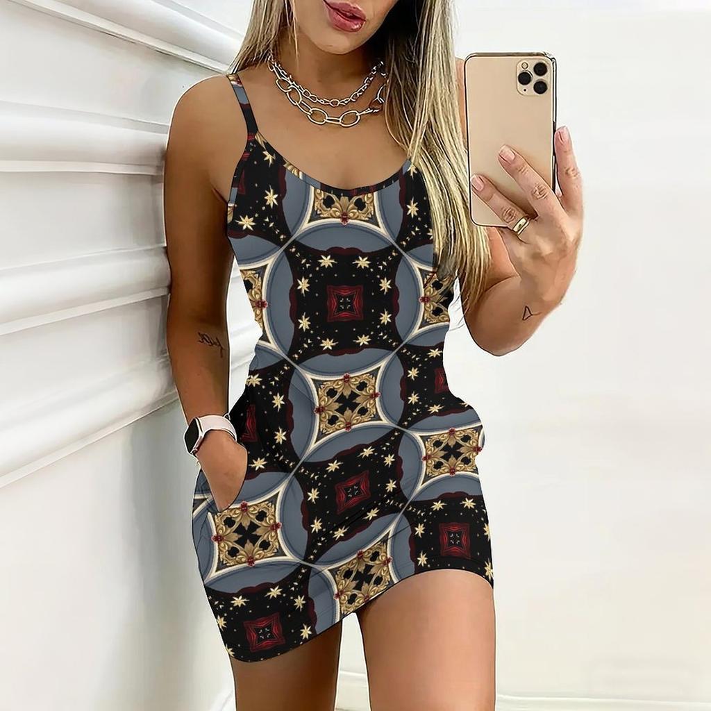 Summer New Retro Patterns and Floral  Pattern Print Sleeveless Bodycon Dress with Pockets Sexy Slim Fit Elegant Party Dress