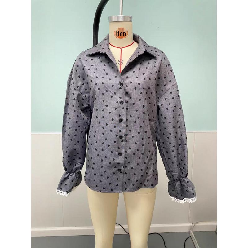 Love Heart Polka Dot Lantern Sleeve Women's Casual Shirt - European American Style