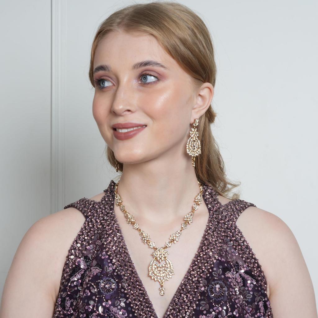 Touchstone Indian Bollywood Gorgeous Intricate Craftsmanship Sparkling Rhinestone Crystal Wedding Designer Jewelry Necklace Set Gold or Silver Tone