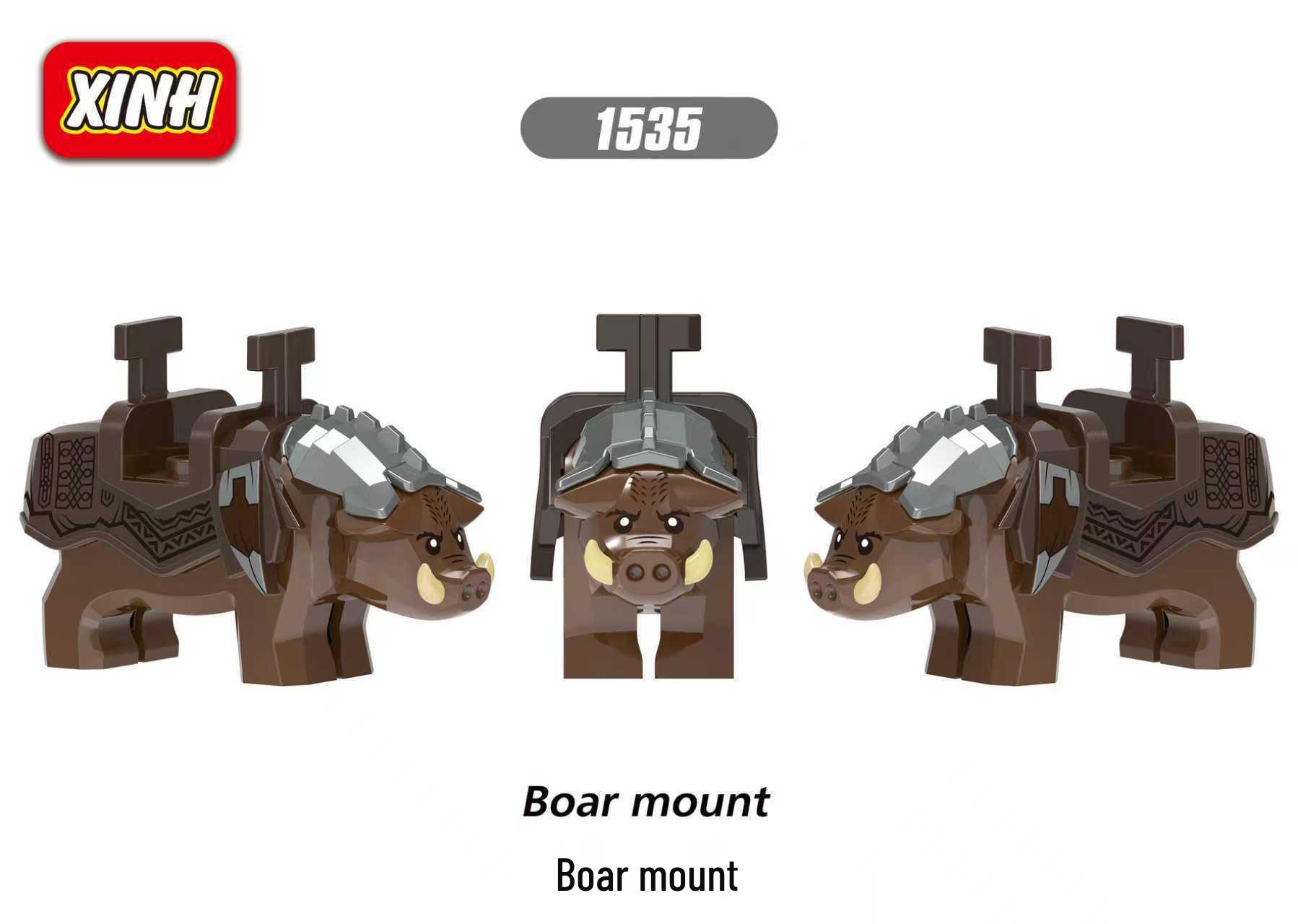 Xin Hong Dwarf Warrior with Wild Boar Mount Minifigure Building Blocks Set (X0314, XH1535-1536)