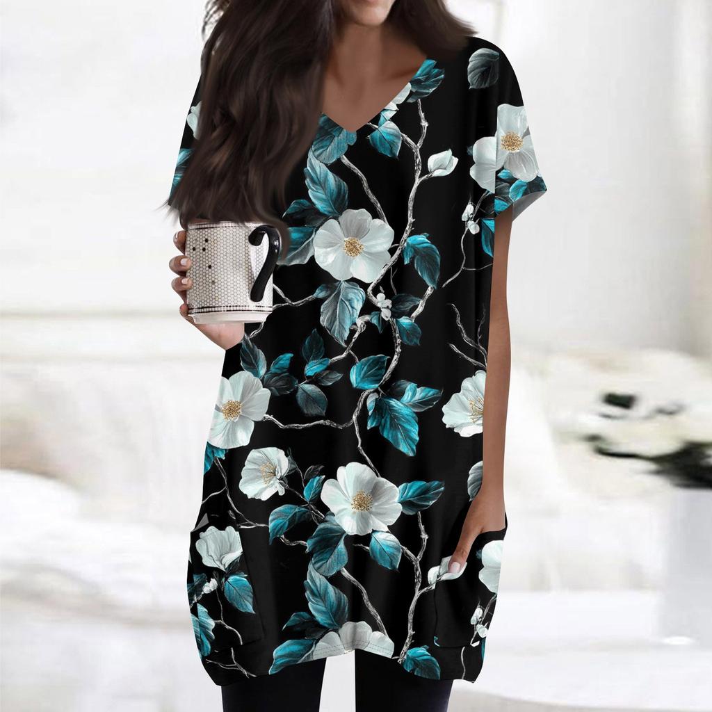 Haut à manches courtes pour femme, tendance et décontracté, col en V, imprimé floral, longueur midi, poche