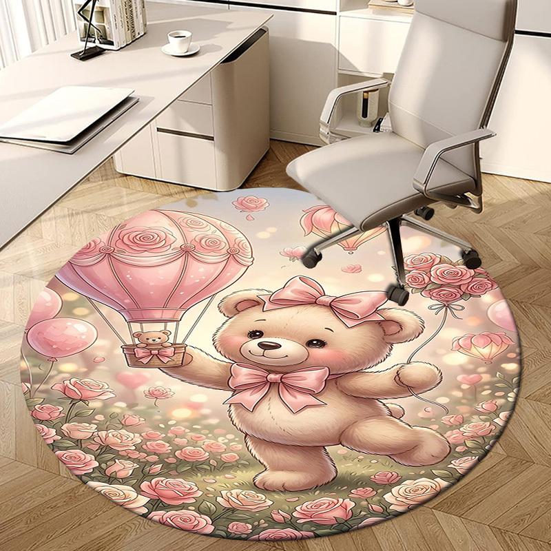 1PC Teddy Bear, Roses Non-Slip Floor Round carpet, Office, family, bedroom, Large Area Rug Indoor Rugs, Durable Polyester-L0417