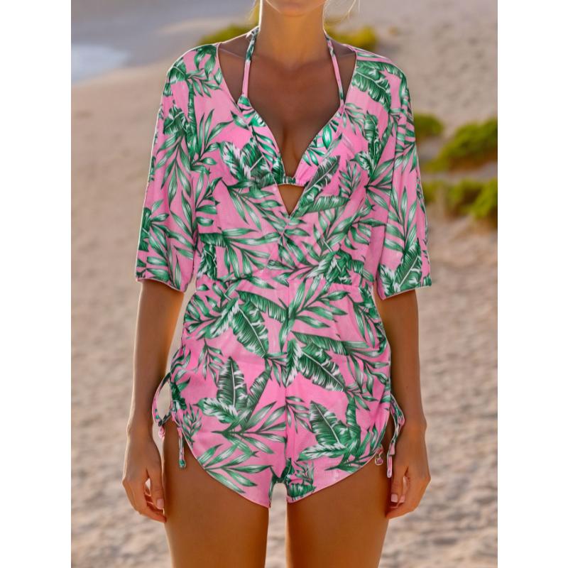3 Piece Leaf Print Bikini Set Long Sleeve Sun Protection Cover Up Drawstring Waist Slimming Fashion Beach Vacation Bathing Suit