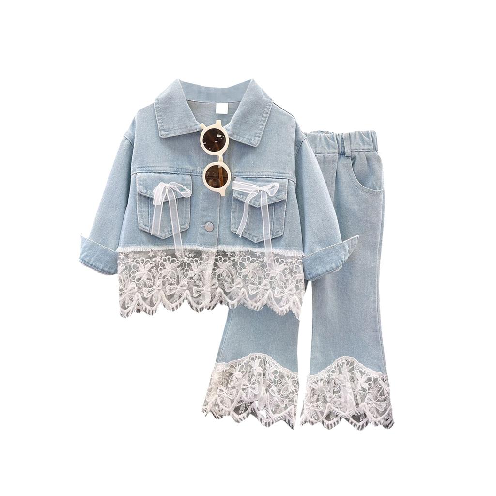 Mädchen Denim & Spitze Set - Jacke & Jeans 2-teiliges Outfit