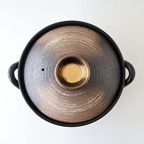 Minosarara Bizen-style Gold-painted Earthenware Pot, Size 8, Serves 2-3, Open-Heat Cooking, Made in Japan, Banko Ware