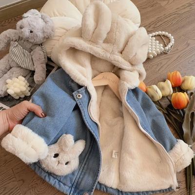 Autumn Winter Thicken Warm Baby Girls Denim Jacket Cute Plush Rabbit Ears Hooded Coats For Girl Children Outerwear Clothing