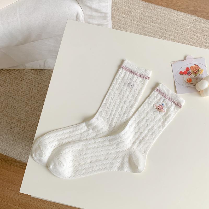 

5pair Spring And Summer Cute Socks Women S Mesh Hollow Thin Medium Tube Stacking Socks Cartoon Embroidered Women S Socks One size fits all белый