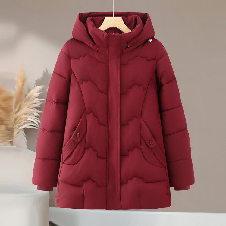 

2025 Autumn/Winter Trendy Hooded Cotton Jacket for Petite Women - Short & Warm Style 4XL вина червоного кольору