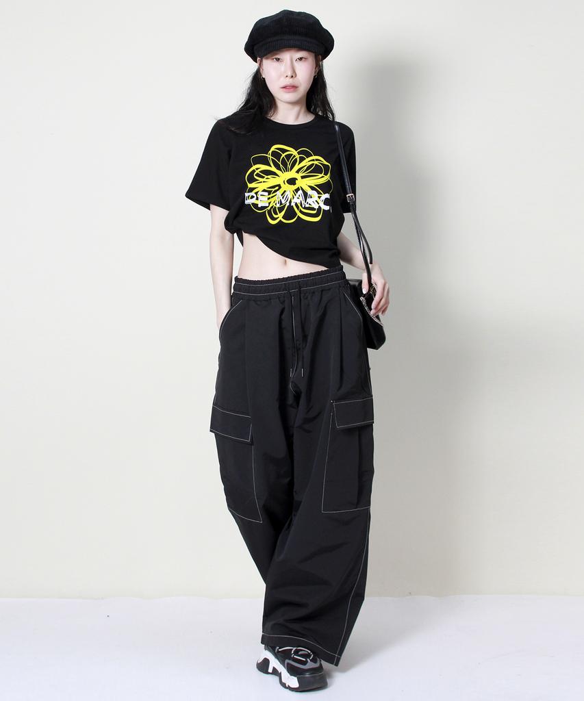 Deumakeu Real Street Wide Contrast Stitch Cargo Track Pants Black