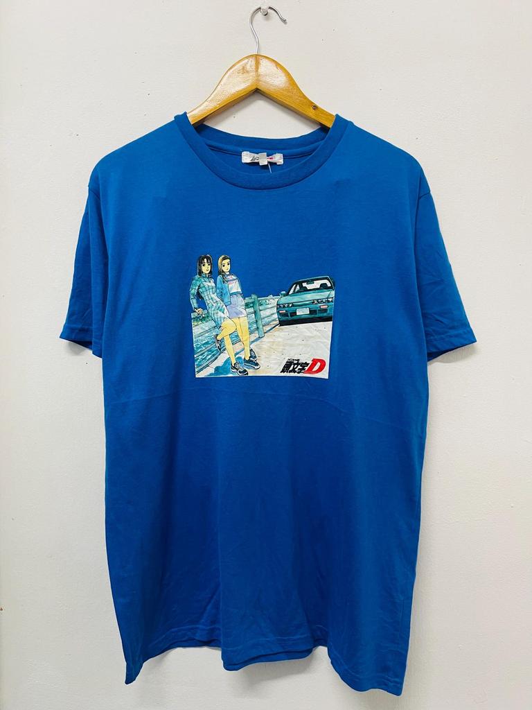 Vintage lata 90. Initial D : Mako i Sayuki 1998 Koszulka / Anime / Kreskówki / Japońska Seria Animowana / Wyścigi Samochodowe / Streetwear / Niebieski / L