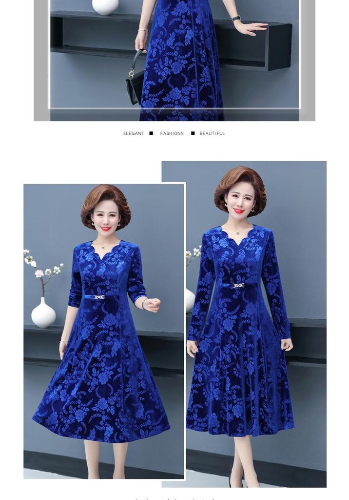 Abito da Donna 2026 Primavera con Rilievo e Scollo a V per Donne di Mezza Età e Anziane - Elegante, alla Moda, Manica Lunga, Gonna ad Ampio Orlo