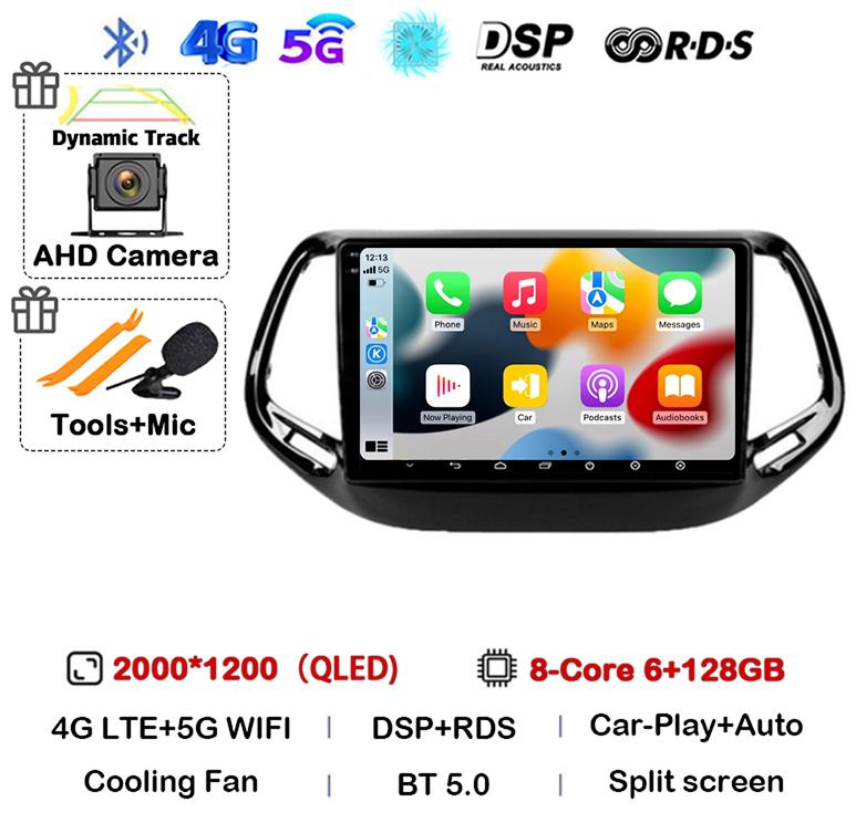 Android 14 Carplay Auto Car Radio For Jeep Compass 2017 2018 2019 GPS Navigation Stereo Multimedia Video Player 360 Camera WIFI