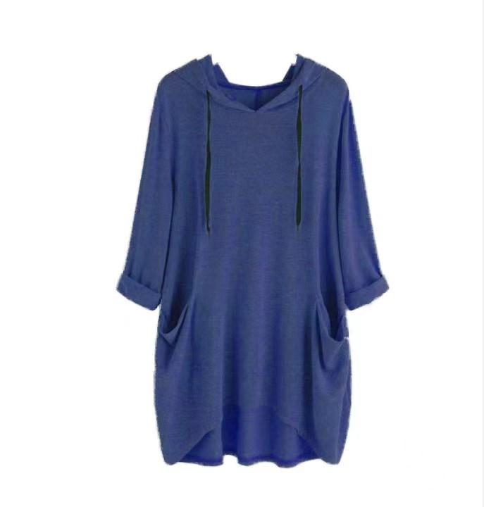 Spring Autumn Women's Hooded Solid Color Loose Long T-shirt Irregular Long Sleeve Pocket Pullover Top