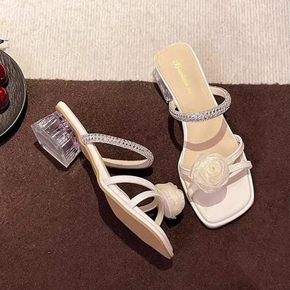 Summer Floral Crystal Rhinestone Square Head Sandals Women's Outdoor Wear PU Material Korean Sle Anti-Slip mid Heel Slippers