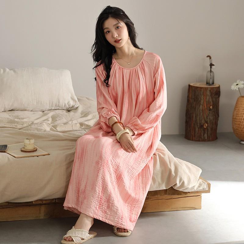 Womens Long Sleeve Nightgown Cloud Cotton Soft Sleep Dress With Built-in Bra Loungewear