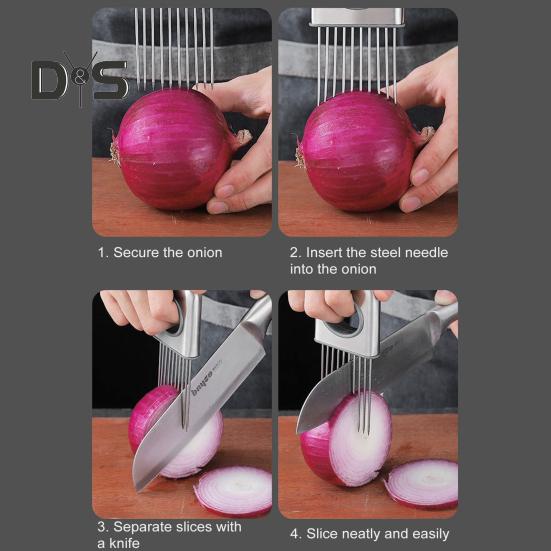 Držák na kráječ cibule Nerezová ocel Ergonomická rukojeť Naklepávač masa Nástroj na krájení zeleniny pro brambory rajčata mrkev ovoce citron maso kuchyňský gadget