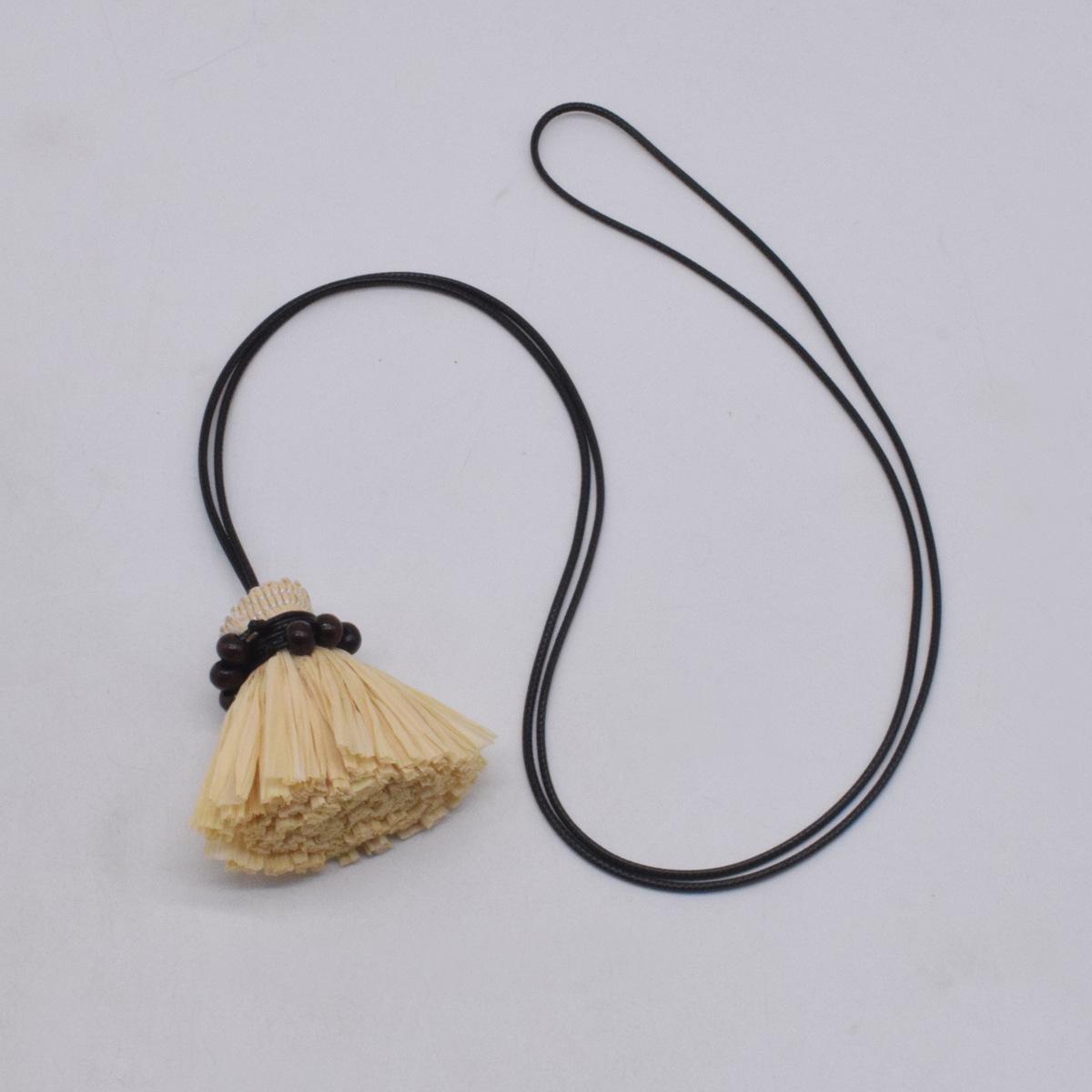 

Handmade Raffia Straw Broom Tassel Necklace for Women - Simple Black Cord Fashion Accessory