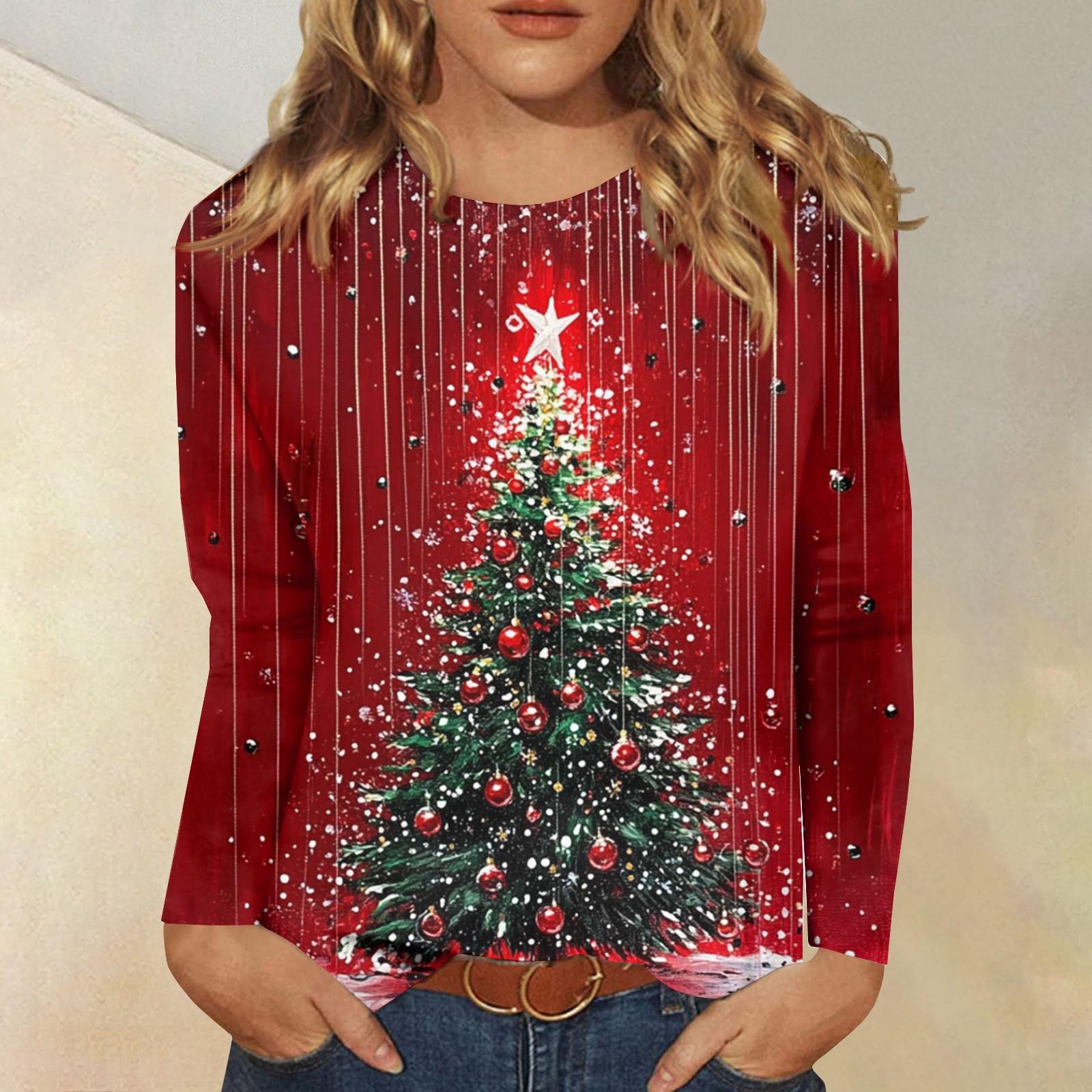

Женская модная повседневная футболка с длинным рукавом и рождественским принтом, с круглым вырезом S винный