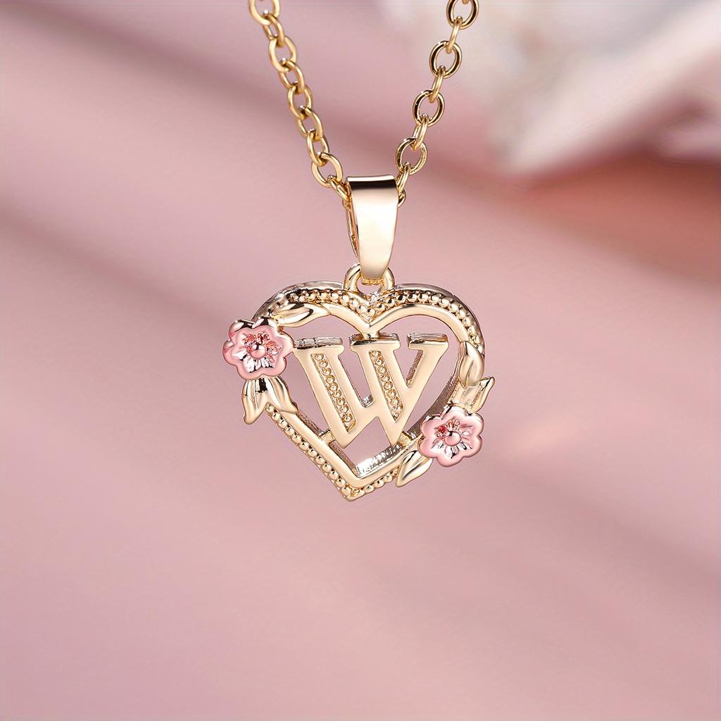 1 Pc Golden Color 26 English Letter Heart Necklace Rose Flower Pendant Wedding Band Jewelry Valentine's Day Gift