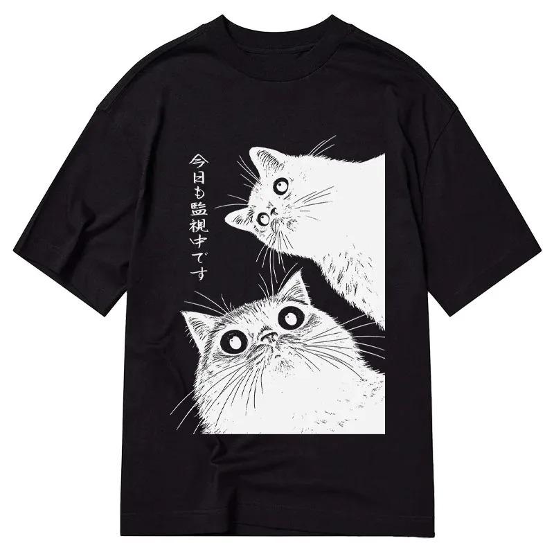 Vintage Japanese Style Cat Staring At You Classic Printed TShirt Y2K Streetwear Unisex Cat Graphic Top Tshirts