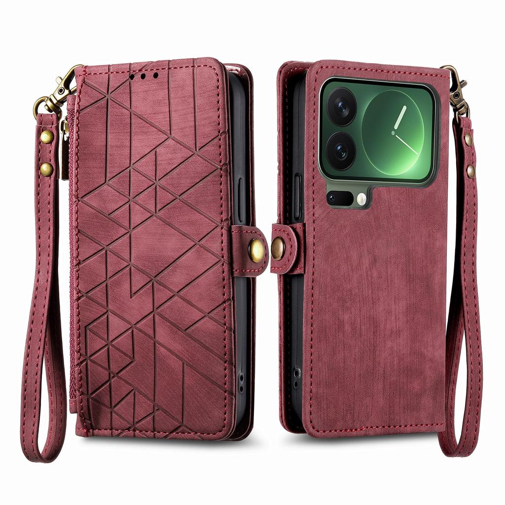 For Xiaomi 17 Pro Max Case Zipper Wallet Geometry Lines Leather Phone Cover with Strap