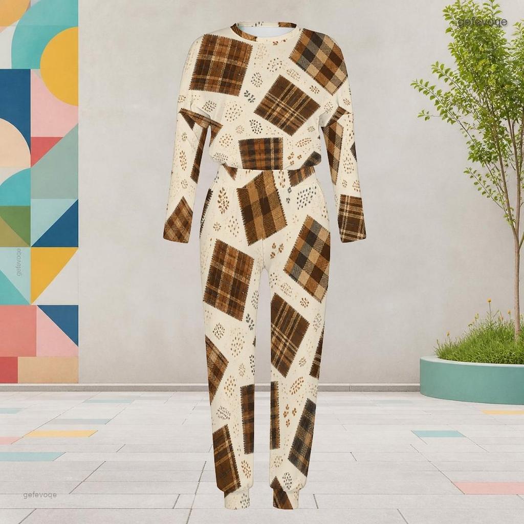 Women Plus Size Round Neck Long Sleeve Brown Plaid Printed Two Piece Set Cuffed Top Cuffed Pants With Pockets