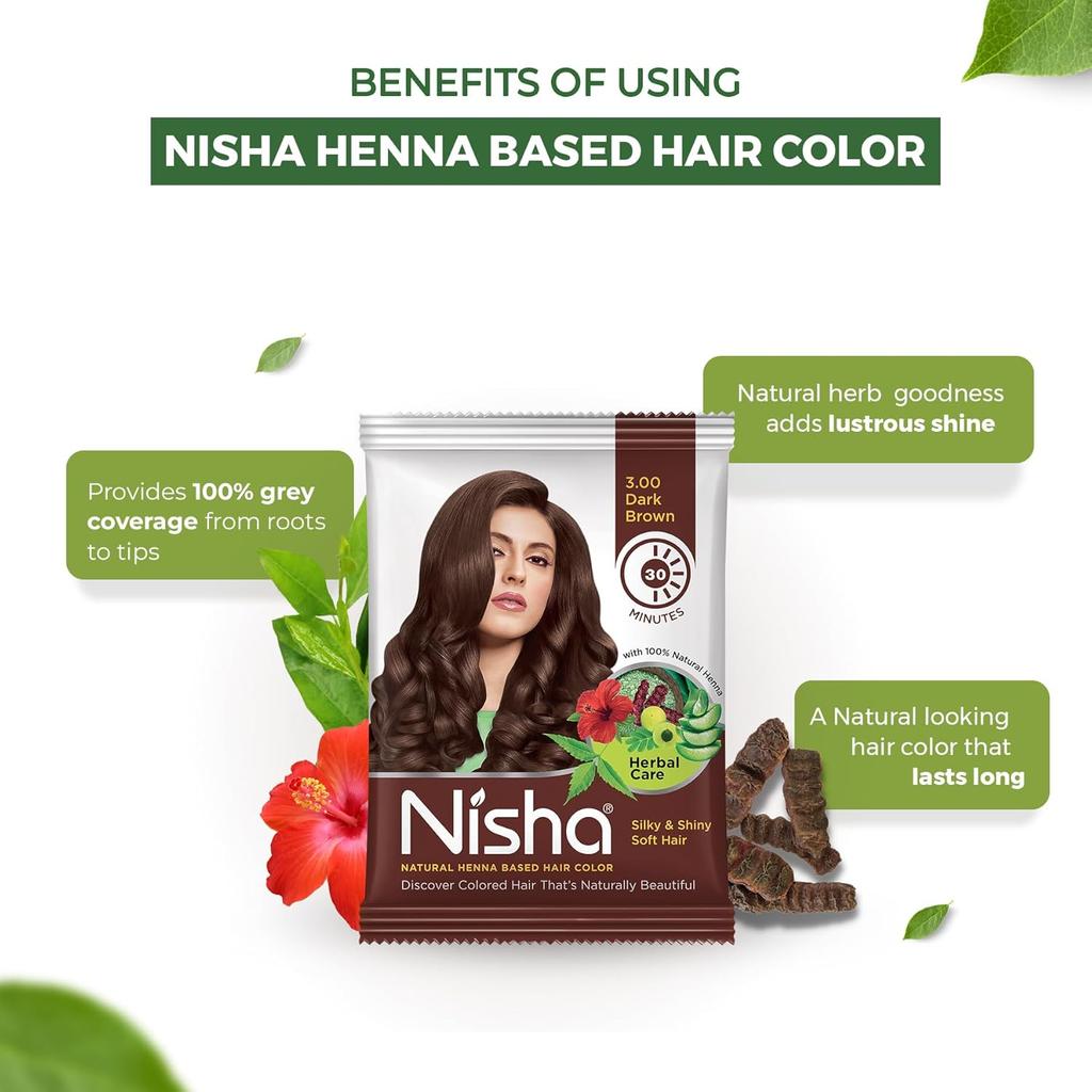Nisha Tinta per Capelli Castano Scuro per Donne 25g x Confezione da 10 | Polvere Erboristica a Base di Henné | Tinta per Capelli a Lunga Tenuta, Senza Ammoniaca