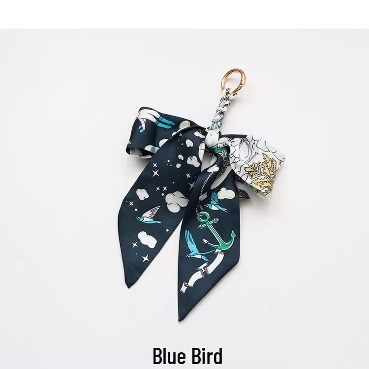 Luxury Blue Silk Scarf Bow Handbag and Car Keychain Pendant with D Letter
