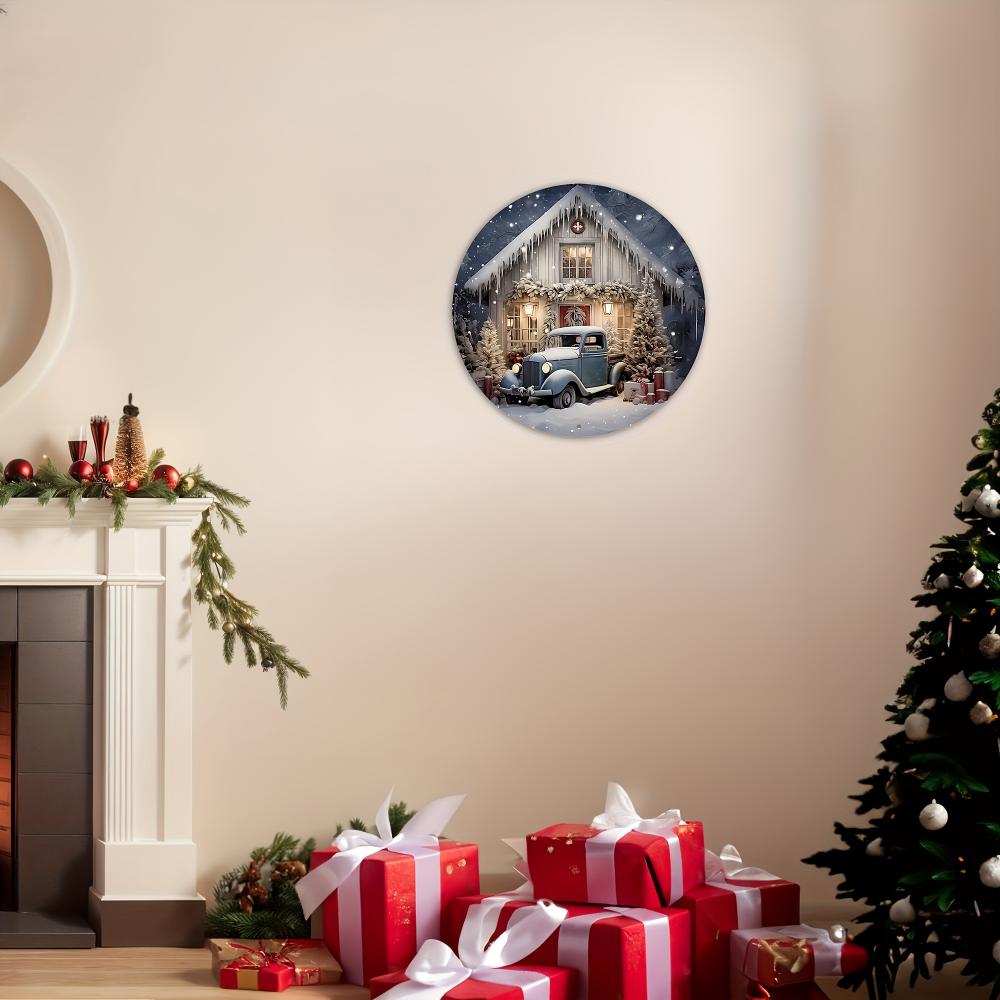 1pc, Round Aluminum Sign (8" X 8"), Christmas Eve Cabin and Car Decoration, Wreath Centerpiece, Wreath Sign, Round Metal Sign