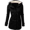 Manteau d'hiver chaud à capuche en polaire Automne Femme Élégant Long Mince Vestes Manteau Vêtements d'extérieur Boutons en corne Poches Mode Décontracté