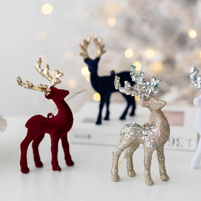 1PC Flocked Reindeer Tree Decoration Glitter Reindeer Scandinavian Christmas Ornament Holiday Decor 10x14cm