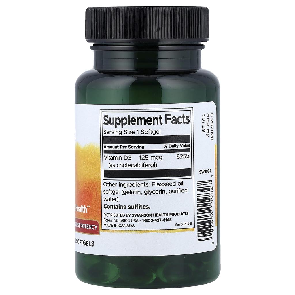 Swanson Vitamins, Vitamin D3, Highest Potency, 125mcg (5,000IU), 90 Softgels