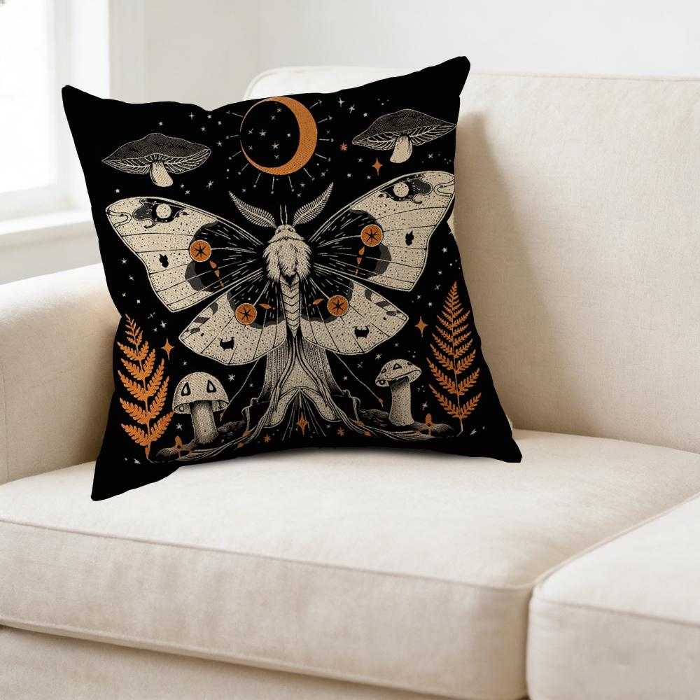 Cushion Cover Black Moth Mushroom Fern And Moon Pattern For Home Decor Bedroom Living Room Window Seat