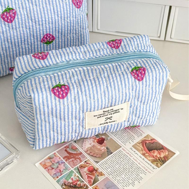 Women Cosmetic Bag Cute Zipper Blue Pink Strawberry Travel Organizer Toiletry Makeup Storage Pouch Handbag Ladies Zipper Bag