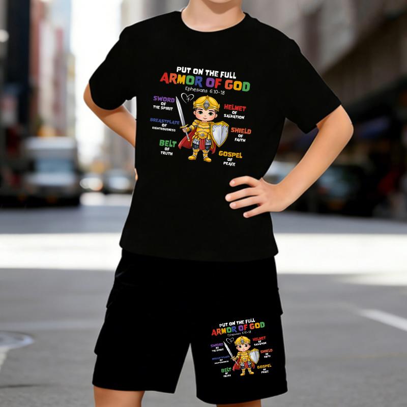 

Boys 2 Piece Spiritual Warfare Printed Outfit, Short Sleeve T-Shirt and Shorts Set for Kids Age 5-14,Black and White Sporty Casual Summer Clothes 5-6 Years чёрный