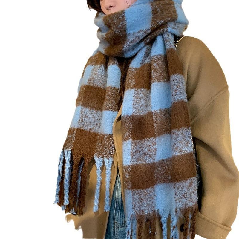 Autumn and winter new blue plaid scarf women's winter warm thickened versatile fringed scarf student shawl